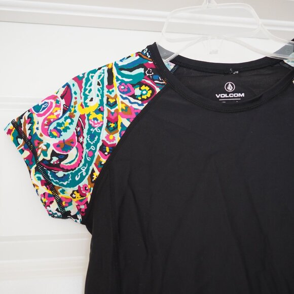 Volcom Black T-Shirt with Colorful Patterned Sleeves sz S - Picture 2 of 5